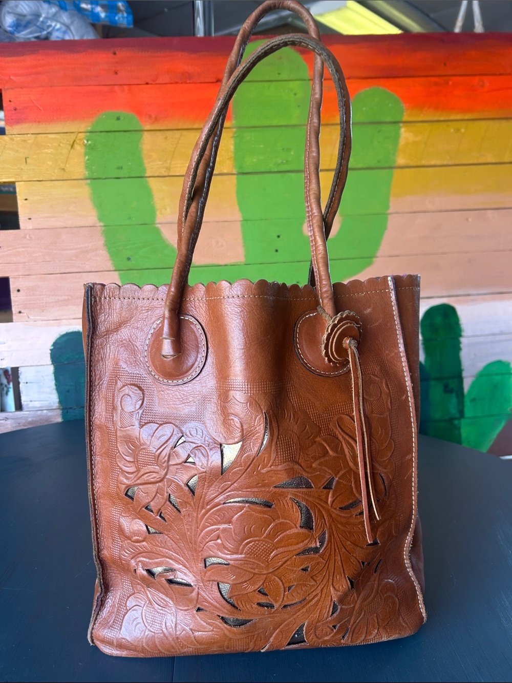 Leather Floral-Tooled Tote Bag in Brown